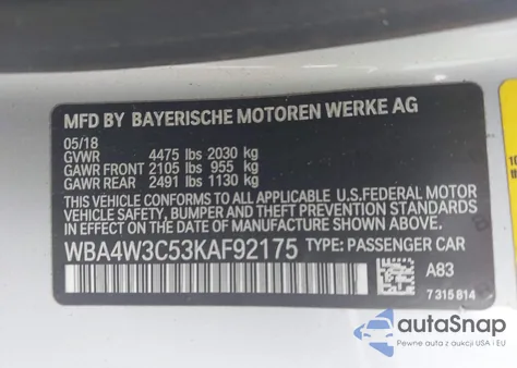 2019 BMW 430I z USA, uszkodzony, nr VIN WBA4W3C53KAF92175